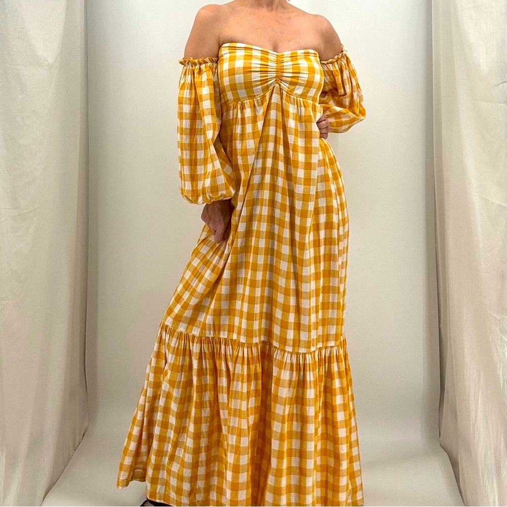 Juliana Florez Romantic Feminine Gingham Plaid Bishop Sleeve Tiered Maxi Dress